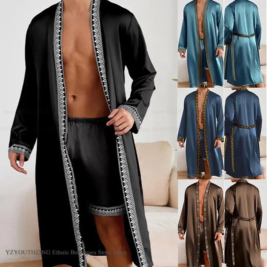 Men Long Robe Pajamas Set Baroque Style Kimono Bathrobe Gown Spring Summer Male Sleepwear Home Clothing Rayon Loungewear Pijamas