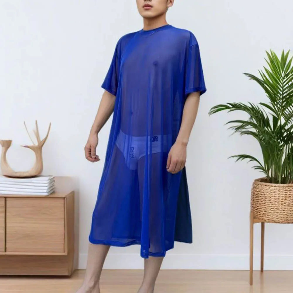 Men's Solid Color Mesh Transparent Short-Sleeved Robe Sexy Retro Fashion Trend Loose Casual Breathable Summer New Men's Tops
