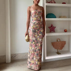 Summ Women Flowers Sequin Patchwork Slim Party Long Dress Strapless Fashion Maxi Dress, Sexy Sleeveless Ladies Dress Vestidos
