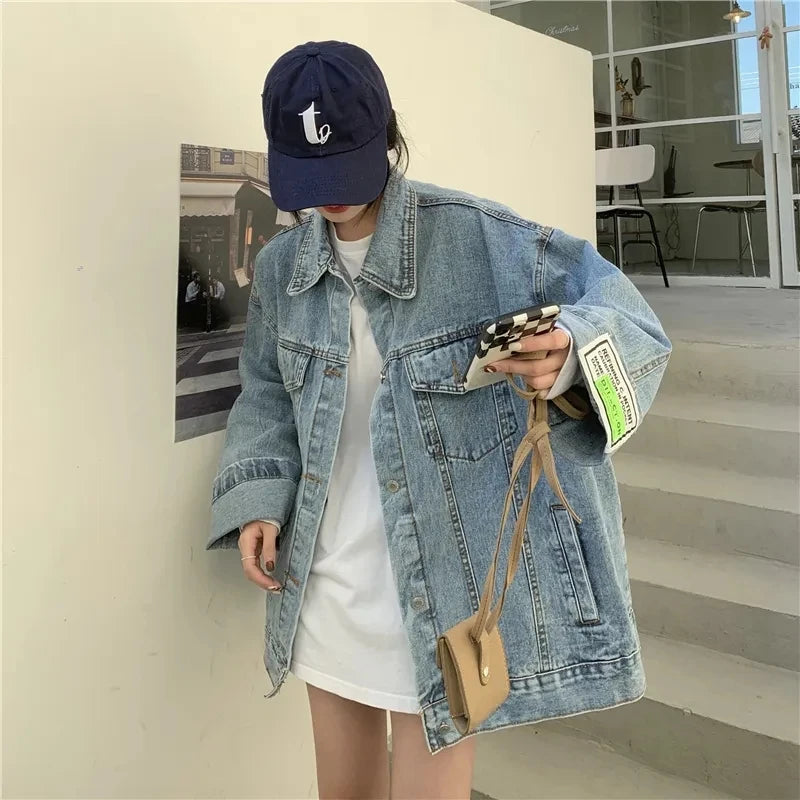 High Street Fashion Oversized Denim Jacket Women Korean Loose Long Sleeve Button Down Jean Jackets Female 2025 New