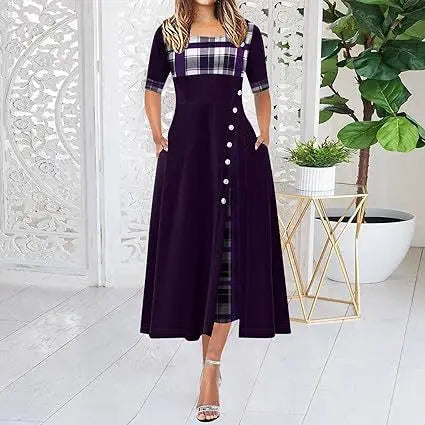 Women's Irregular Lattice Patchwork Long Dresses Vintage Buttons O Neck Half Sleeves Casual Lady Commuting Dress Fashion