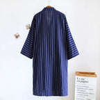 Blue Red Striped Printed Robe for Men 100% Cotton Kimono Men Bathrobe for Spring Autumn 100% Cotton Long Style Men Kimono Robe
