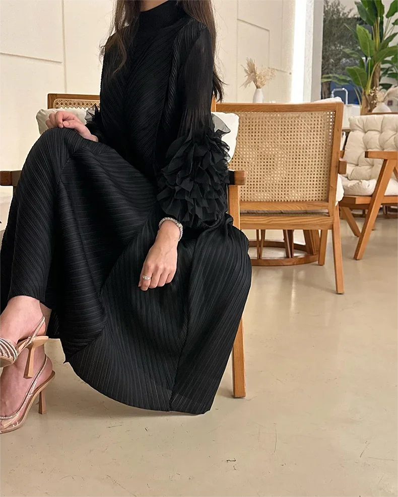 YUDX Hot Sales 2024 Summer New Pleated Formal Dresses for Women Mesh Petal Sleeve Solid Evening Party Long Maxi Dresses