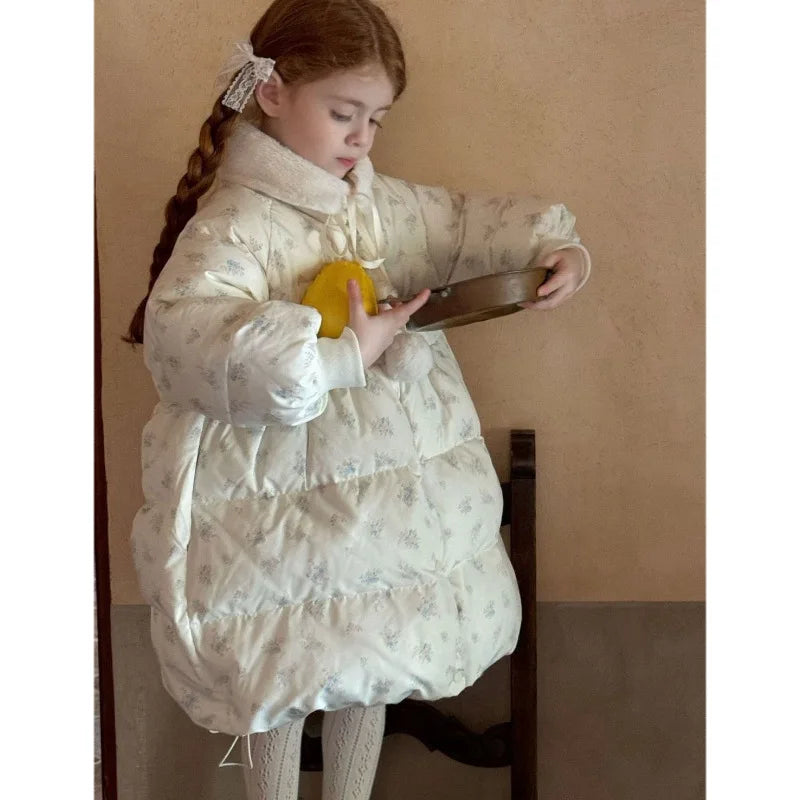 2025 Winter New Down Coat Korean Fashion Princess Floral Print Warm Cotton-padded Outerwear Kids Casual Sweetheart Parkas