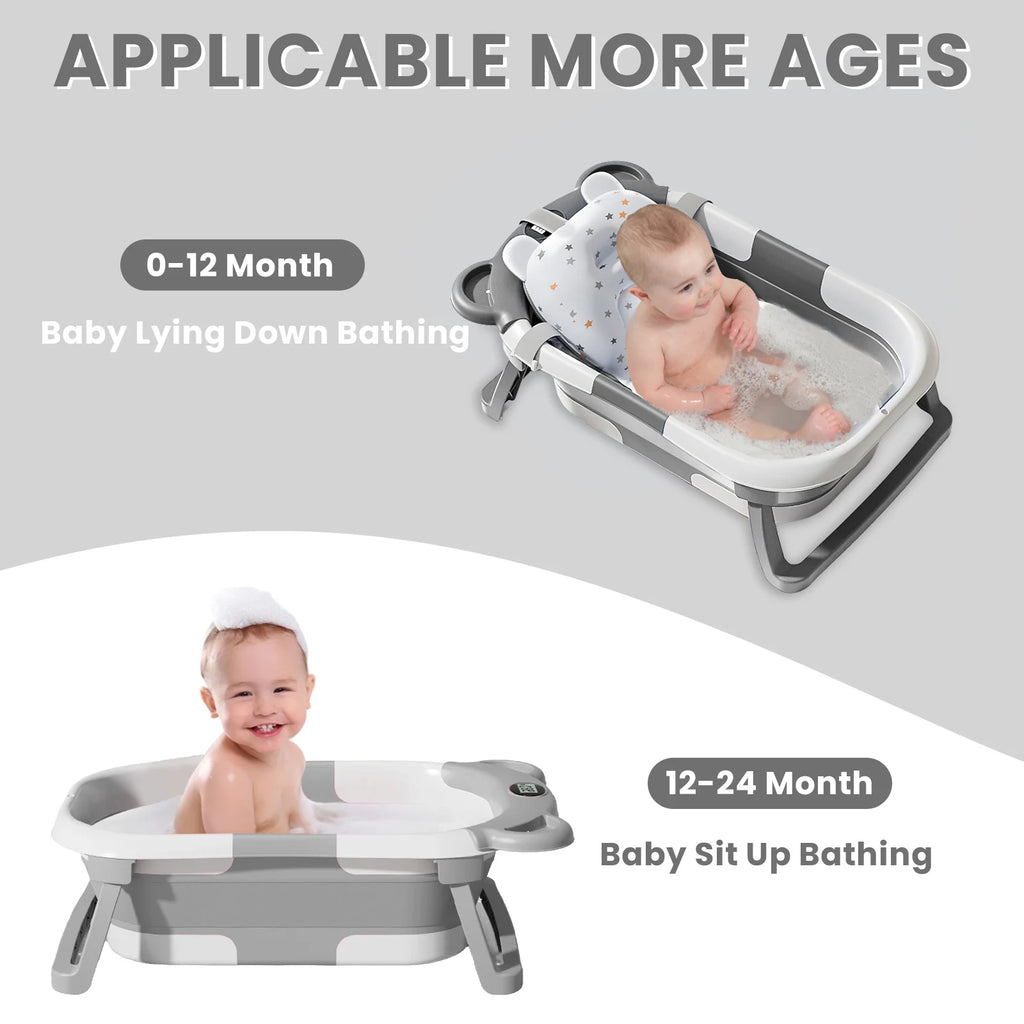 Portable Travel Bathtub, Collapsible Baby Bathtub, with Thermometer &1Soft Floating Cushion, with Drain Hole,For Baby 0-36 Month