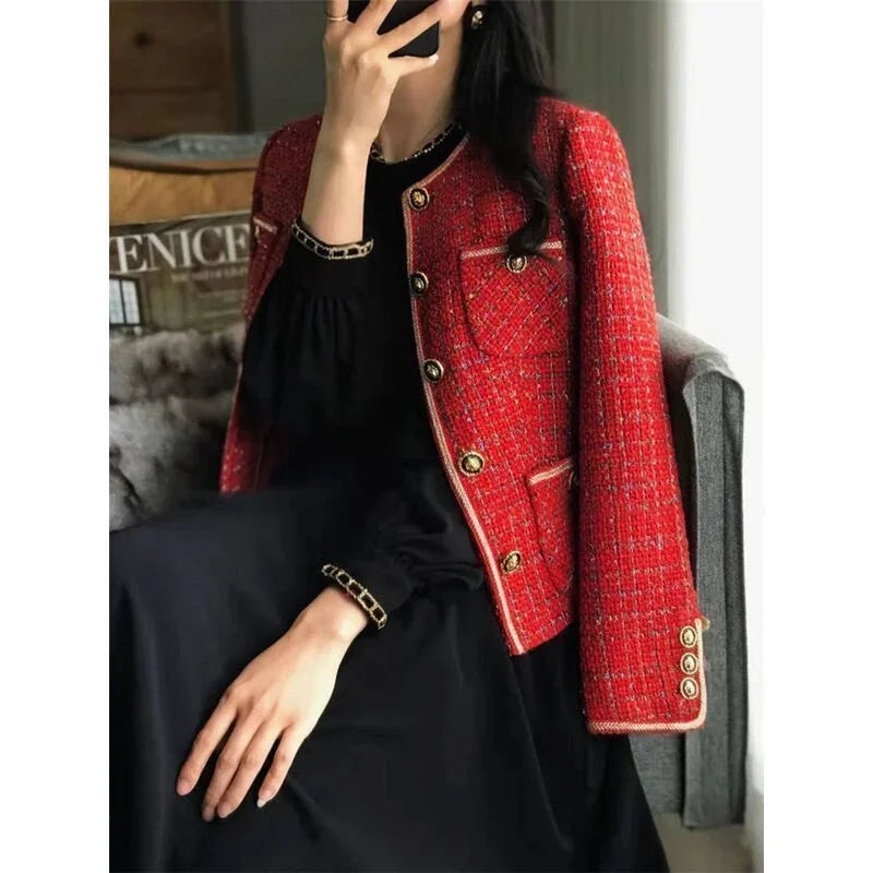 2025 Autumn/Winter New French Vintage Loose and Versatile Show Thin Temperament Woolen Jacket Fem Vintage Red Tweed Coat Women's