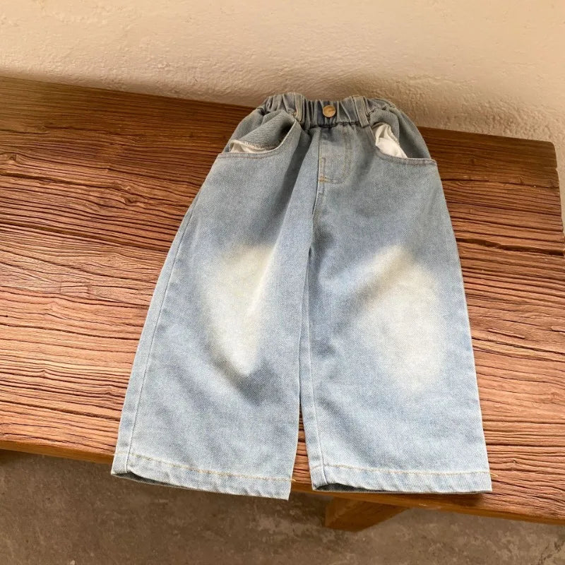 Children Wide Leg Jeans Spring Autumn Boy and Girl Elastic Waist Straight Leg Denim Pants Kids Casual Versatile Trousers A40056