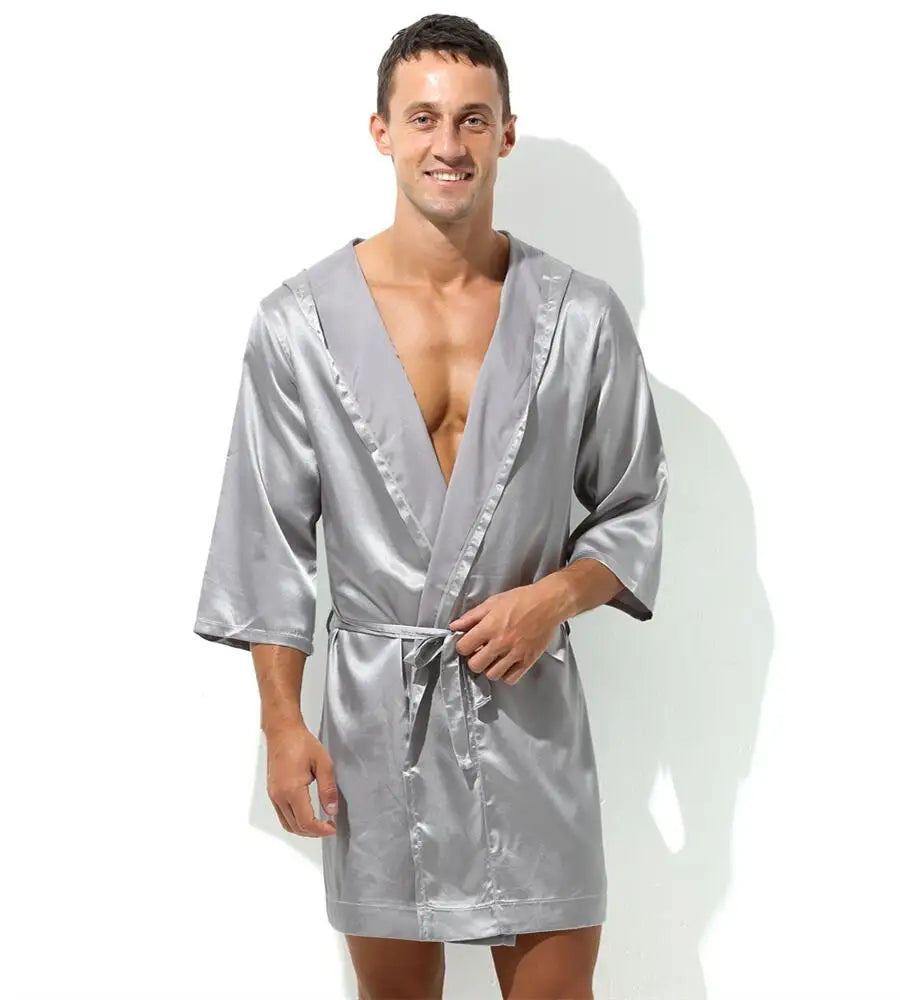 Sexy Sleepwear Men Robes Bathrobes Soft Silky Short Sleeve Nightgown Mens Homewear Dressing Gown Male Pajamas (No shorts)