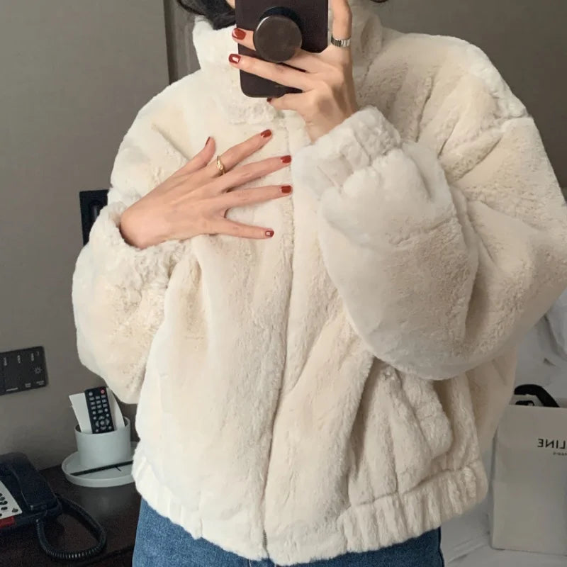 Women Autumn Winter Thicken Warm Coat Stand-Collar Loose Fur Plush Zipper Jacket Soft Comfortable Casual Simple Solid Outerwear