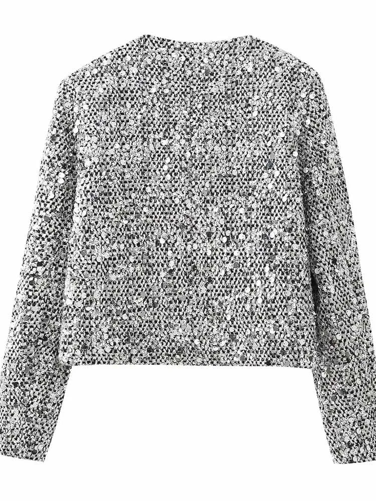 BKQU Tweed Sequined Jackets Women Casual Loose Round Neck Long Sleeved Cropped Silver Cardigan Autumn Female Warm Elegant Coats