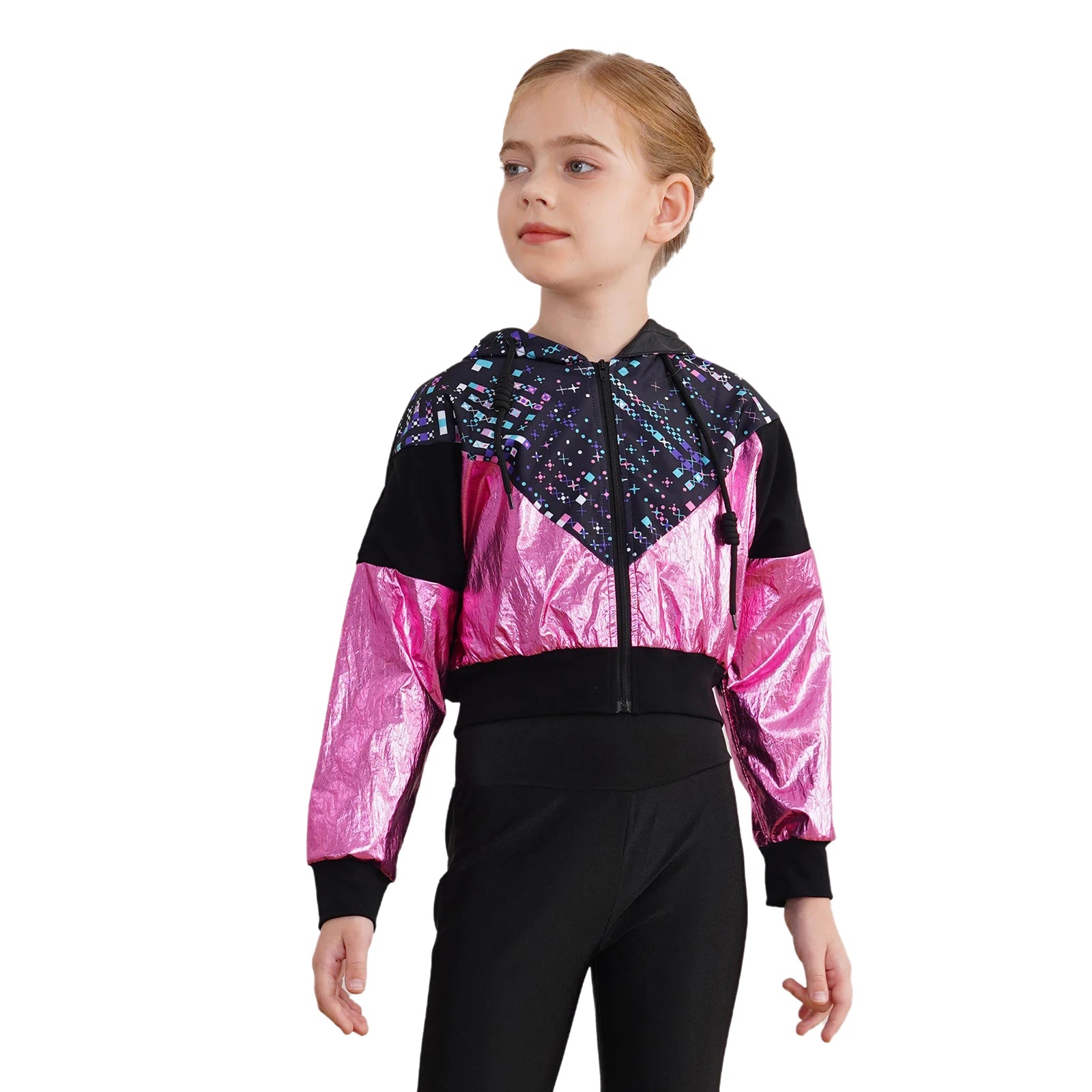Girls Fashion Print Short Jacket Casual Coat Hooded Tops Long Sleeve Zipper Jacket Outerwear Jazz Dance Performance Costume