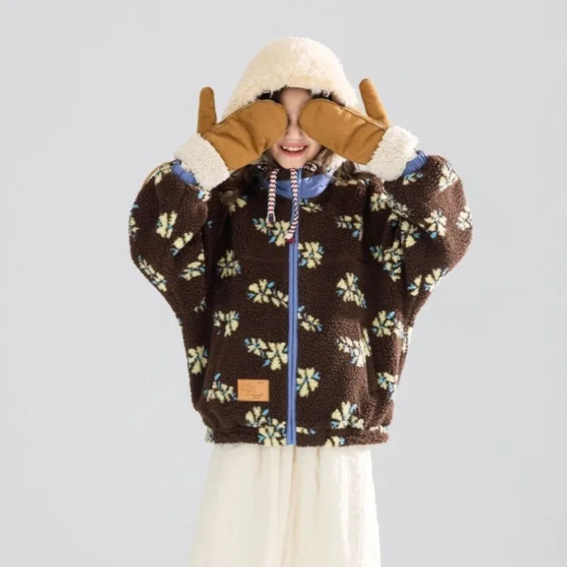 Girl's Winter Coat Floral Jacquard Lamb Fur Thickened Stylish Autumn Winter Toddler Kids Cotton Jacket