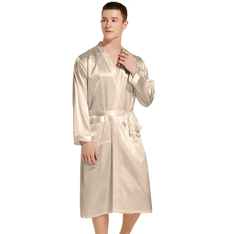 Men Long Bathrobe Sleepwear Navy Blue Silk Satin Bridegroom Wedding Robe Kimono Gown Spring Summer Home Clothes Loungewear