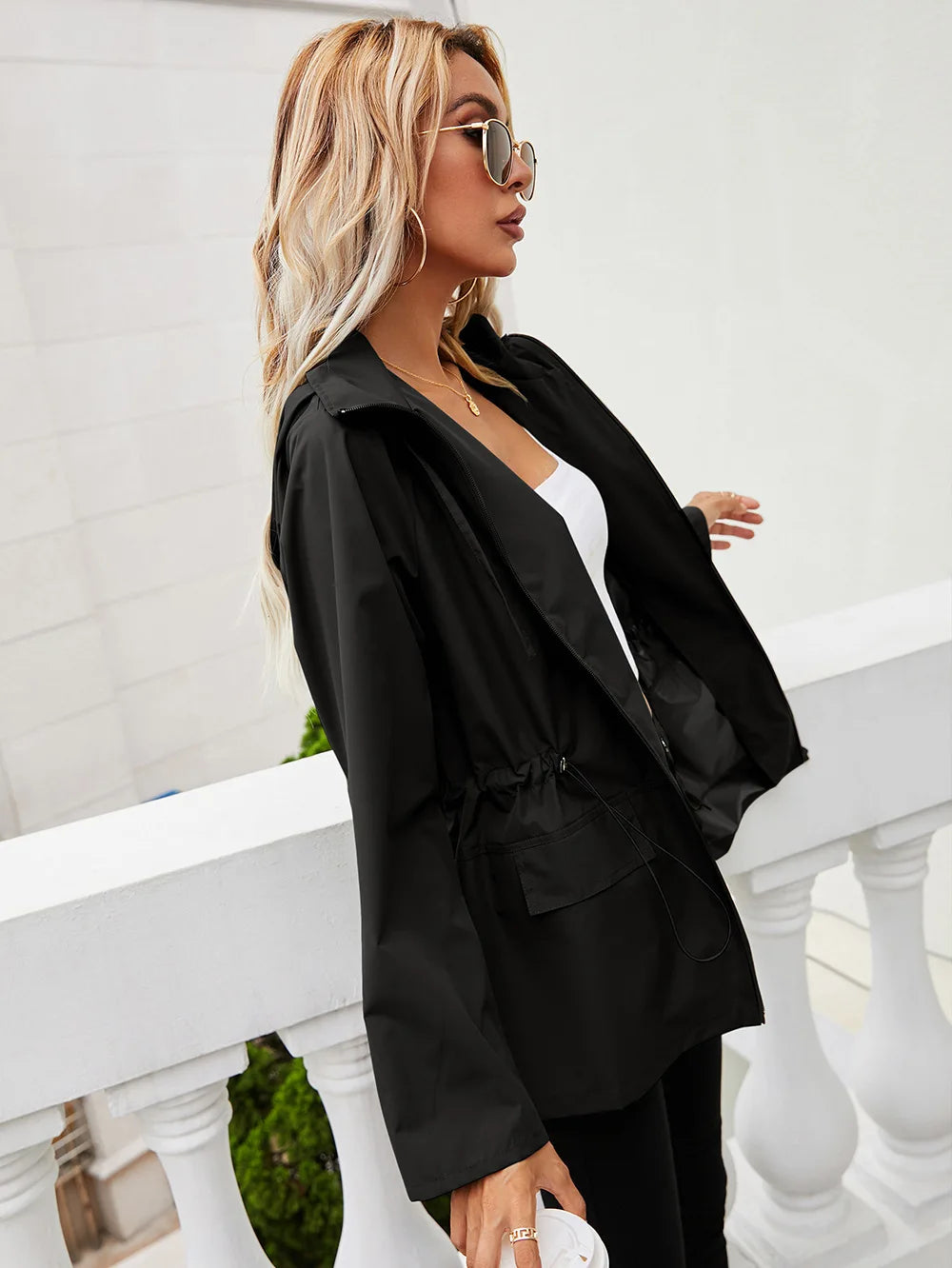 Hooded Zipper Waist Waterproof Raincoat Outdoor Sports Mountaineering Coat Women