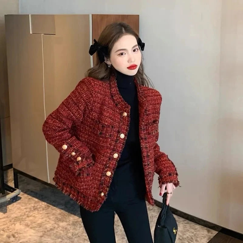2023 Autumn New French High end Temperament Red Fragrant Coat Women's Short Thick Tweed OutwearFashion Women Slim Thicken Jacket