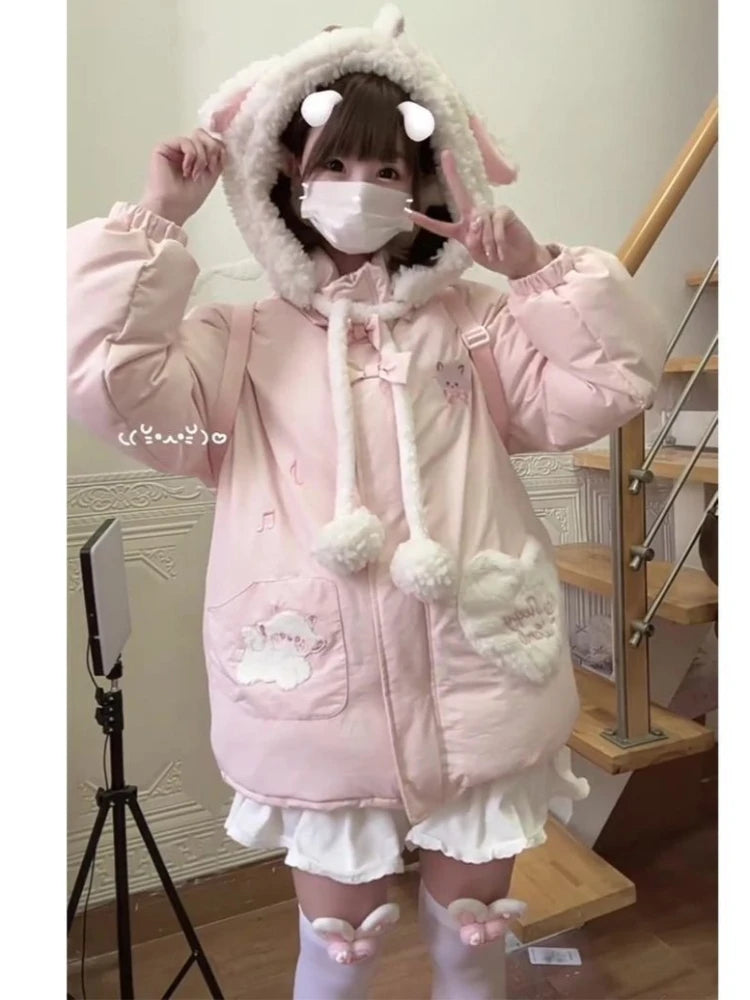 Cute Sweet Girl Little Lamb Hooded Cotton Jacket Women Warm Kawaii Light Pink Thickened Soft Coat Harajuku Casual Clothing 2025
