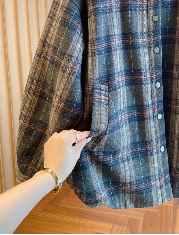 Winter Thiened Plaid Cotton Coat Women's Loose Korean Sle Hooded Jaet Long Sve Commute Faion Regular Length Single...