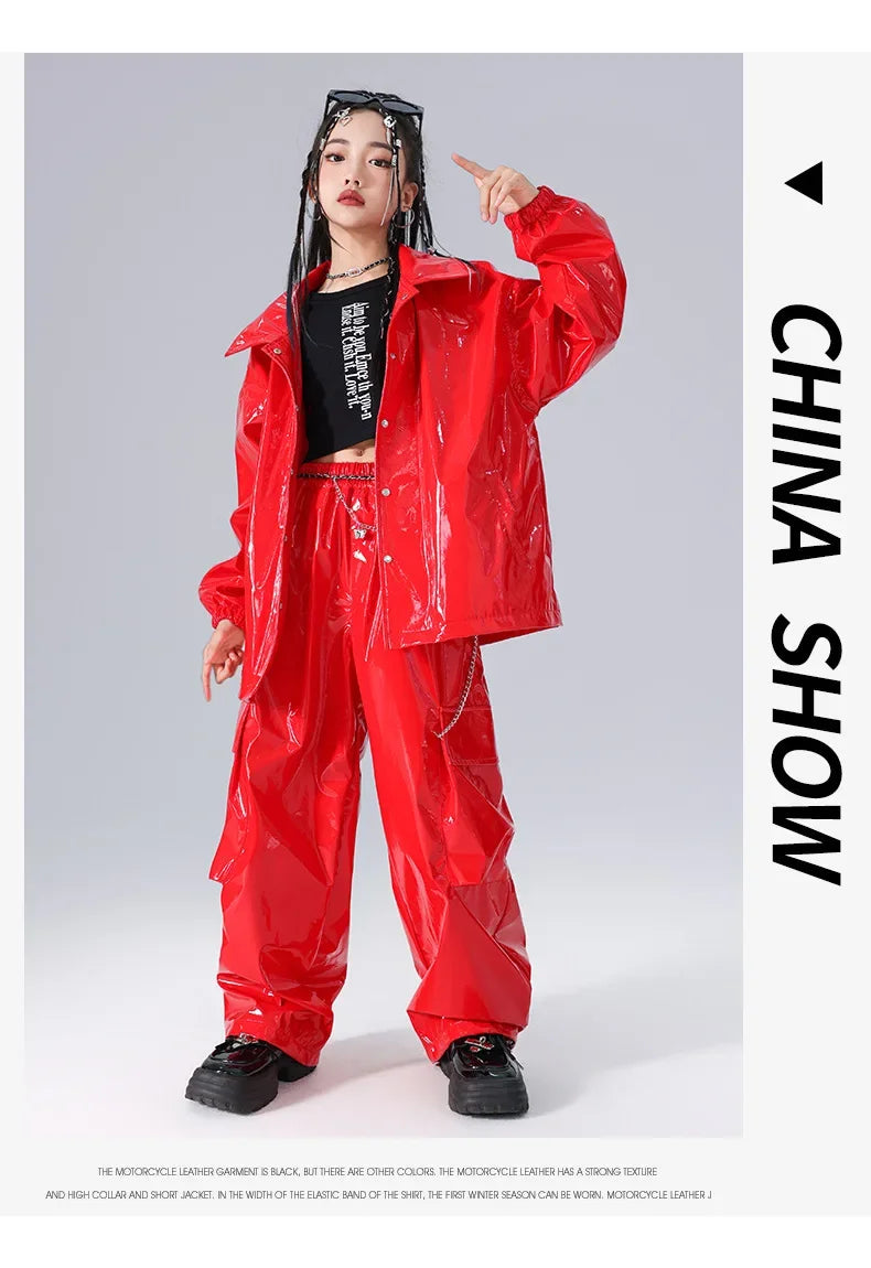 Boys K-pop Fashion Leather Jacket Street Dance Cargo Pants Girl Hip Hop Streetwear Kids Children Jazz Shiny Costume Clothes Sets