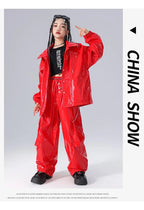 Boys K-pop Fashion Leather Jacket Street Dance Cargo Pants Girl Hip Hop Streetwear Kids Children Jazz Shiny Costume Clothes Sets