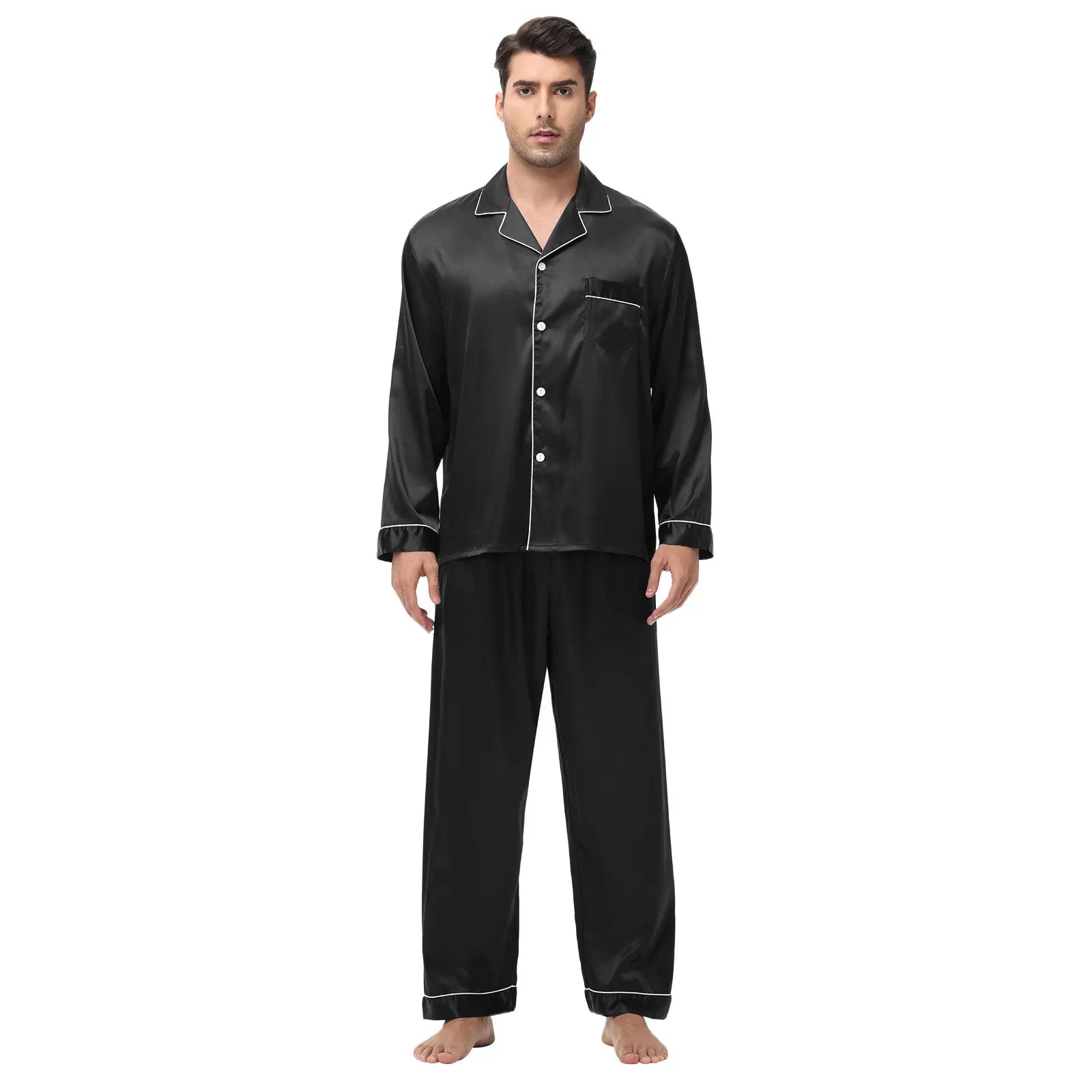 Men Pajamas Set Silk Satin Sleepwear