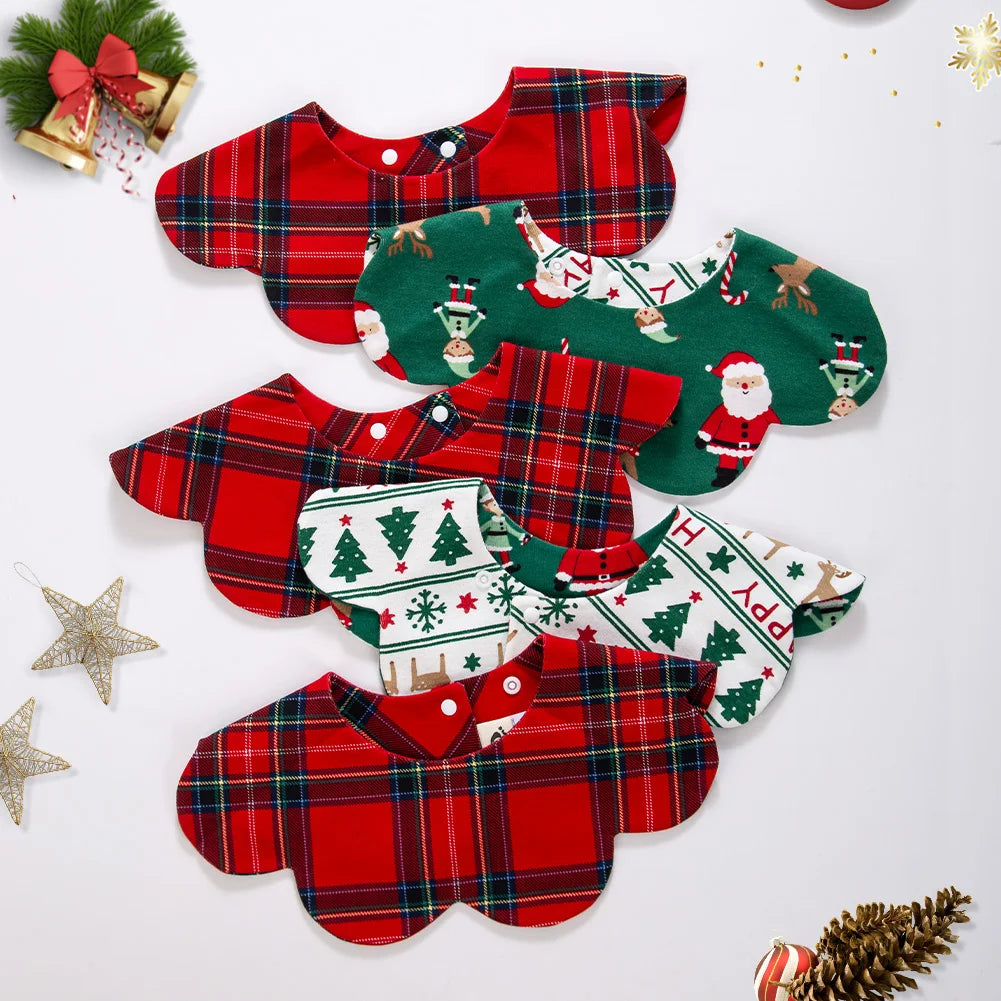 360° Christmas Day Baby Bibs for Infant Boys Girls Plaid Saliva Towel Cute Korea Ins O Neck Adjustable Button Feeding Burp Cloth