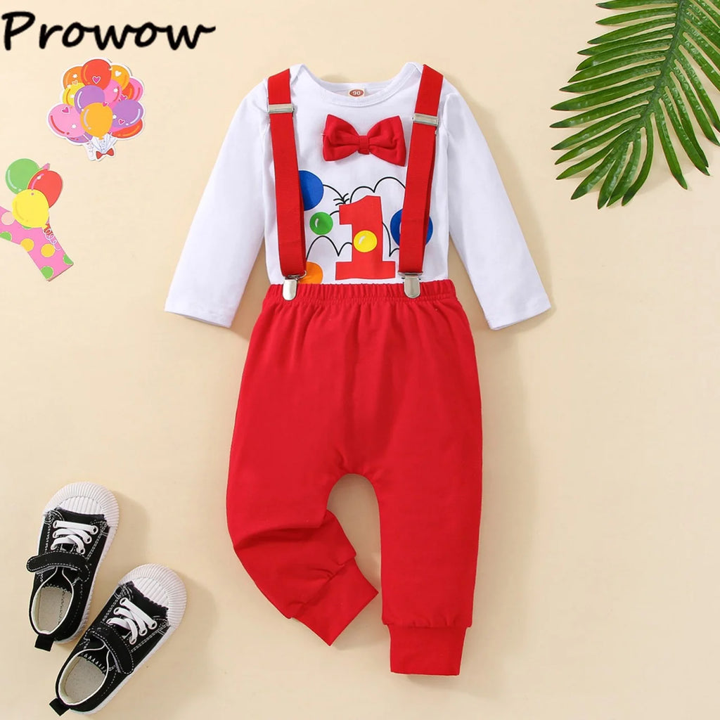 Baby Boys Birthday Outfits Sets Balloon Letter"1" Bodysuit and Y-back Suspender Shorts 1 Year Birthday Baby Cake Smash Clothes