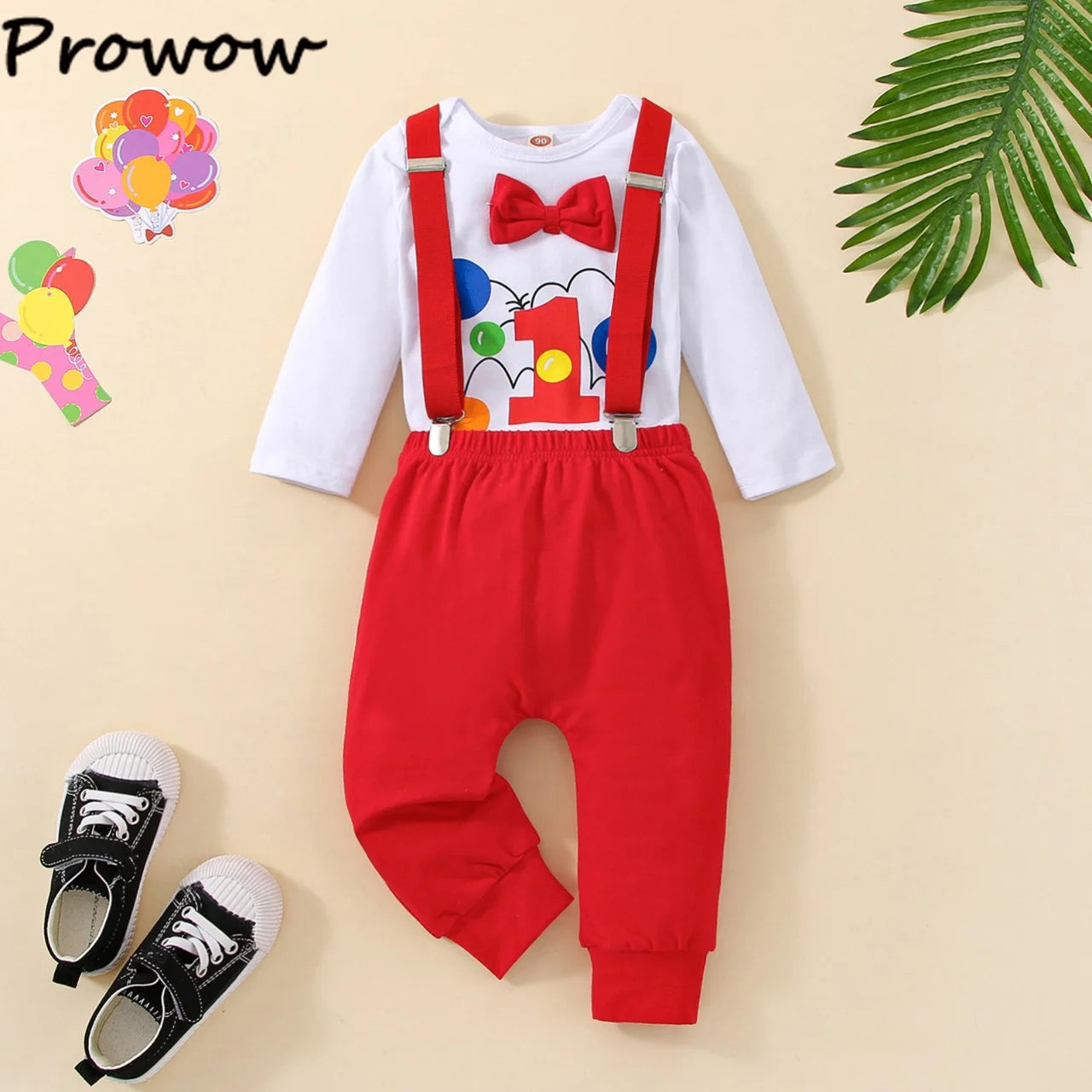 Baby Boys Birthday Outfits Sets Balloon Letter"1" Bodysuit and Y-back Suspender Shorts 1 Year Birthday Baby Cake Smash Clothes