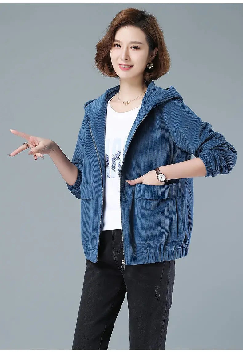 Corduroy Short Coat 5XL Women's 2025 Spring Autumn New Korean Loose Solid Hooded Jacket Fashion Casual Female Zipper Coat Tops
