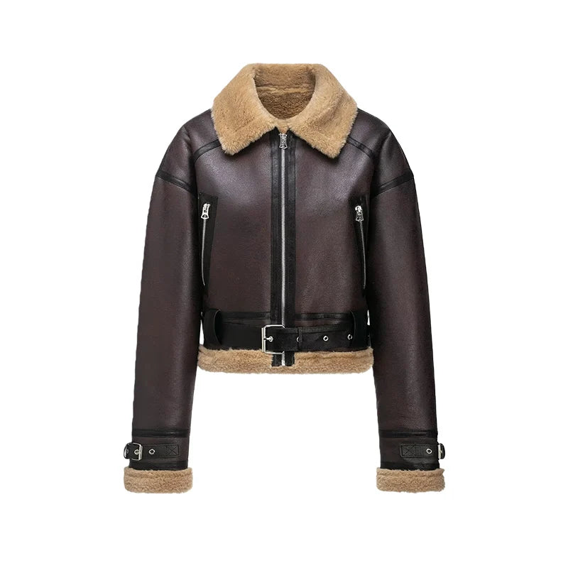 Womens Short Jacket With Leather And Plush Patchwork Belted Waist Zipper Pockets Retro Cool Commuter Jacket Woman Clothes Tops