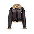 Womens Short Jacket With Leather And Plush Patchwork Belted Waist Zipper Pockets Retro Cool Commuter Jacket Woman Clothes Tops