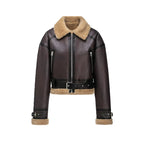 Womens Short Jacket With Leather And Plush Patchwork Belted Waist Zipper Pockets Retro Cool Commuter Jacket Woman Clothes Tops