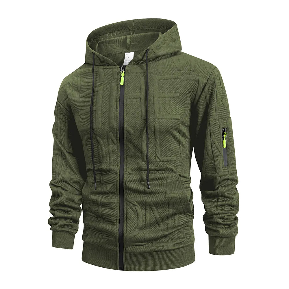Mens Letter Jacquard Jacket Simple Stylish Autumn Sportwear Warm Casual Multiple Pockets Outwear Zip Up Hooded Coats for Men