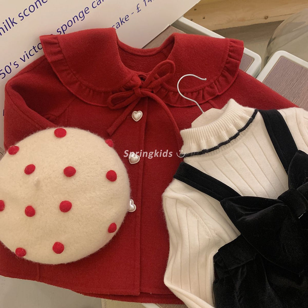 Girls' Red Woolen Jacket for Autumn 2023 Children's Clothing, Fashionable and Versatile on Doll Necked Fabrics
