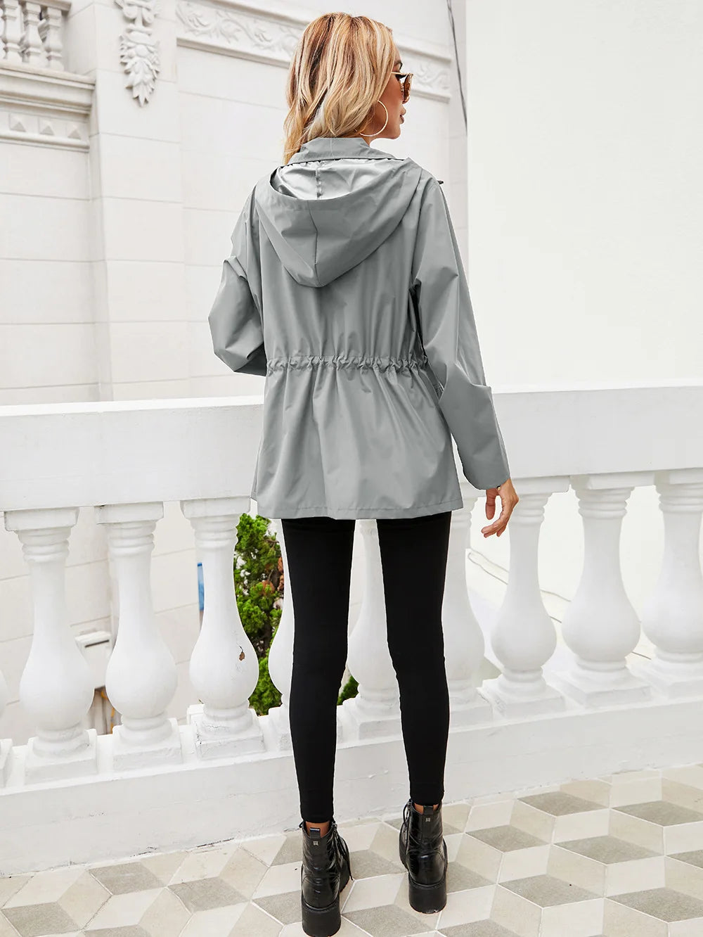 Hooded Zipper Waist Waterproof Raincoat Outdoor Sports Mountaineering Coat Women