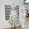 Summer New Women Retro Printed A-line Strap Dress With High Waist Wrinkled Long Dresses Beach Party Birthday Celebrity Gown