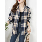 Women's Shirt Long Sleeve Buttons Plaid Casual Korean Fashion Loose Office Lady Simplicity Elegant Intellectual Generous Sven