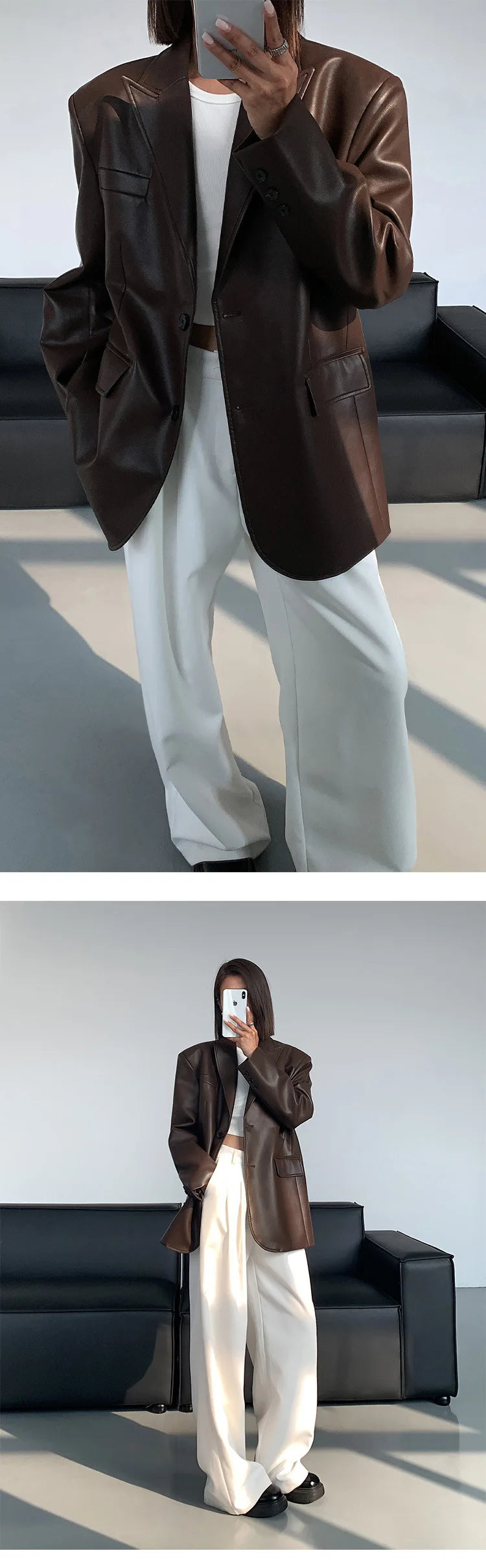 Women Black Brown Soft PU Leather Blazer Shoulder Pads Long Sleeve Single Breasted Loose Casual Jacket Tops Korean Fashion Coat