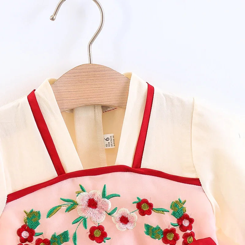Children's Clothing Girl's Dress Summer New Cute Small Bow Flower Embroidery Improved Version Hanfu Ru Skirt
