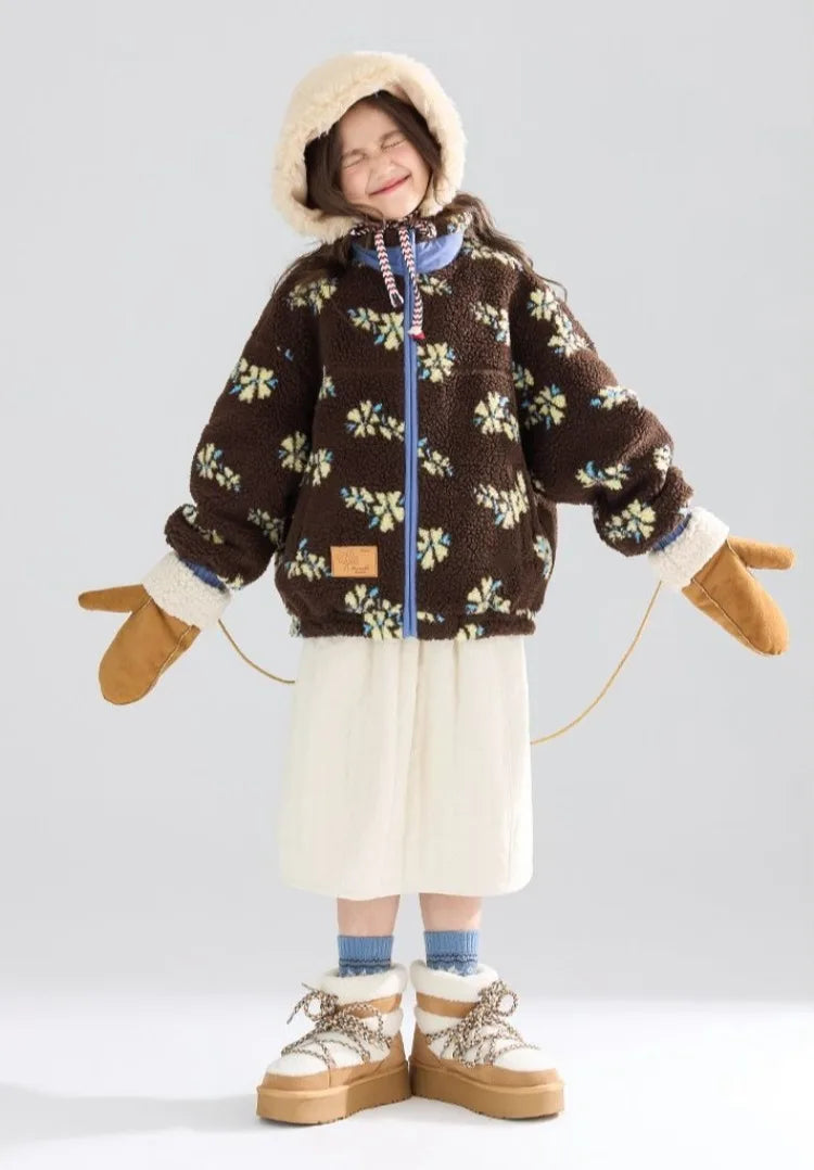 Girl's Winter Coat Floral Jacquard Lamb Fur Thickened Stylish Autumn Winter Toddler Kids Cotton Jacket