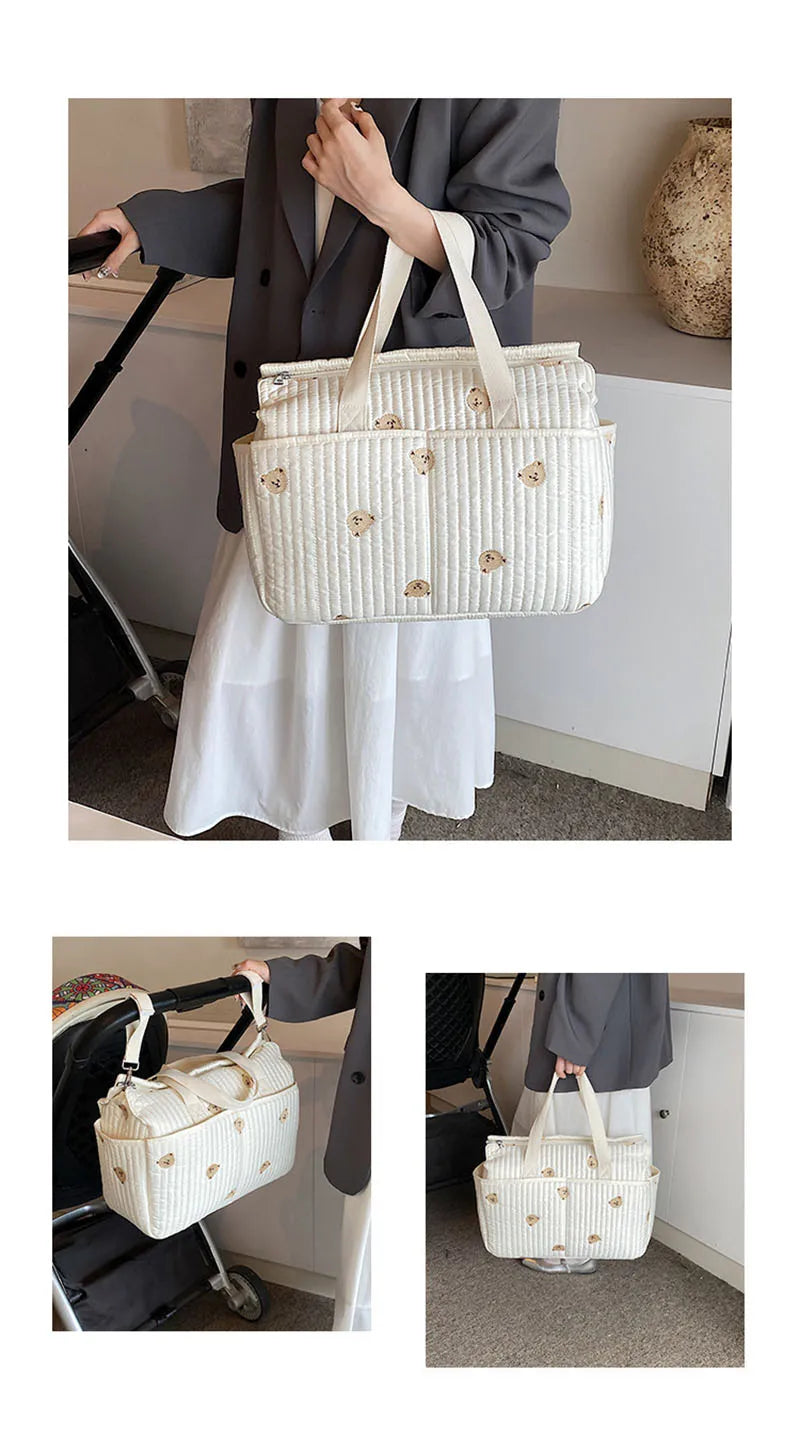 New High-capacity Mummy Bag Embroidered Bear Mother and Baby Handbag Baby Bottle Diaper Portable Baby Stroller Bag