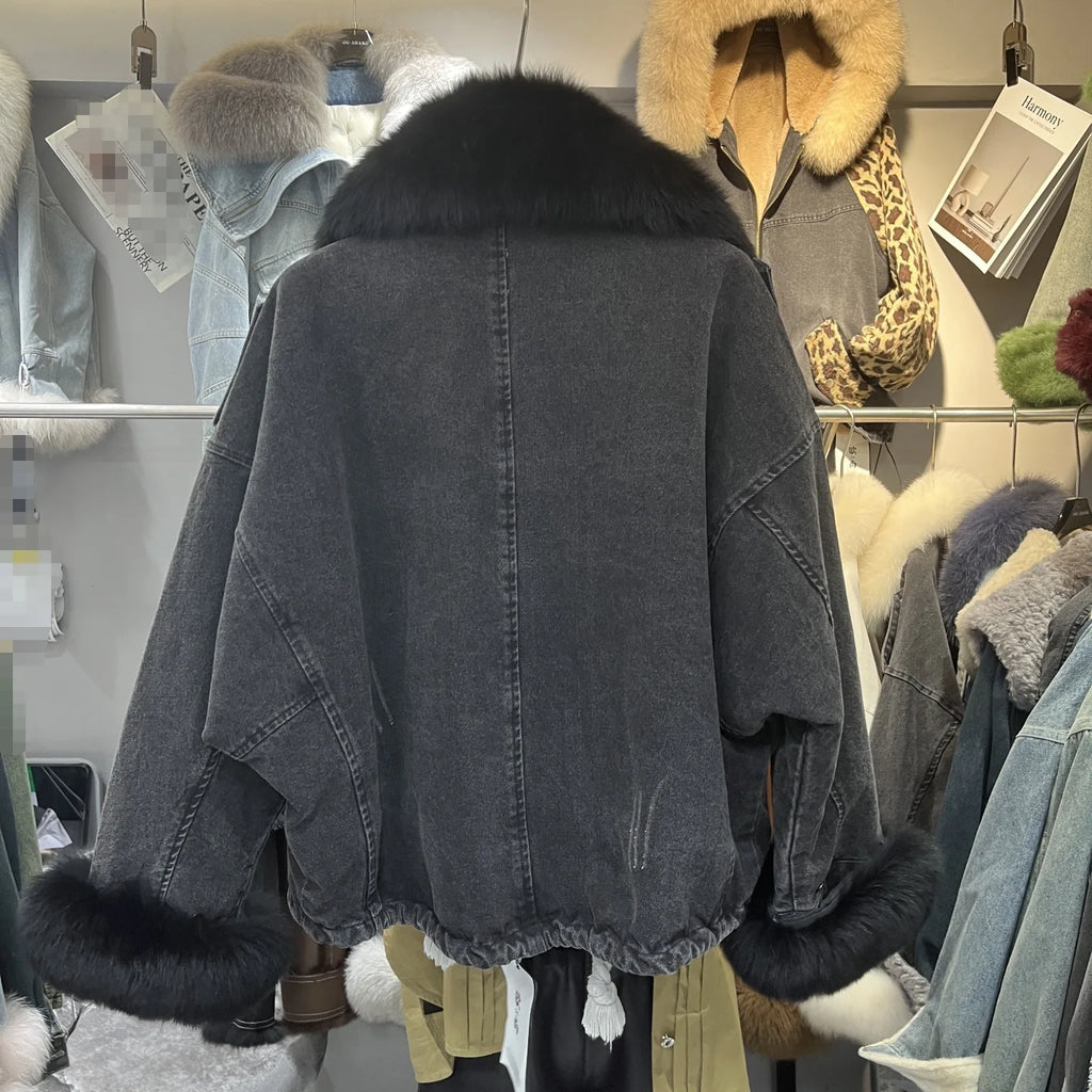 Fox Fur Denim Jacket for Women Fleece-Lined and Thickened Winter 2025 New Korean Style Loose Fit Batwing Sleeve Cotton Coat