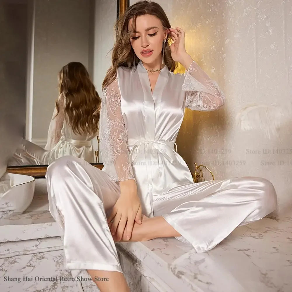 Female Pajamas 2PCS Set Sexy Perspective Lace Long Sleeve Trouser Pijamas Suit Sleepwear Loose Silk Satin Homewear Loungewear