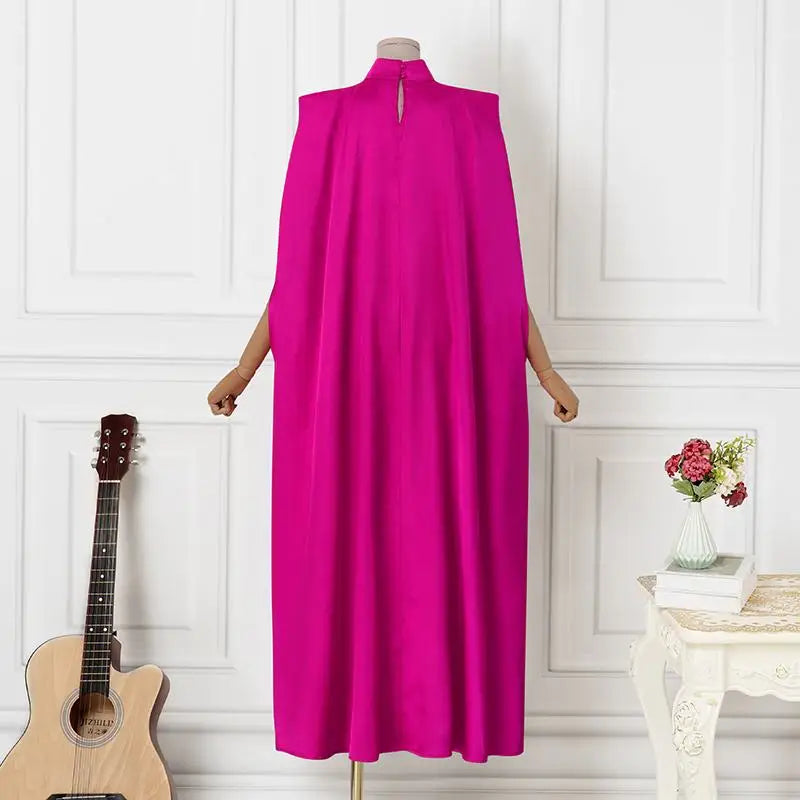Elegant Evening Dress VONDA Women Pleated Stand Collar Long Sleeve Satin Party Sundress Autumn Casual Solid Loose Robe Vestidos