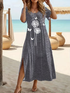 2025 Spring/Summer New Elegant plus size Women's Dress White Dandelion and Butterfly Positioning Printed Bottom Side Fork Spring