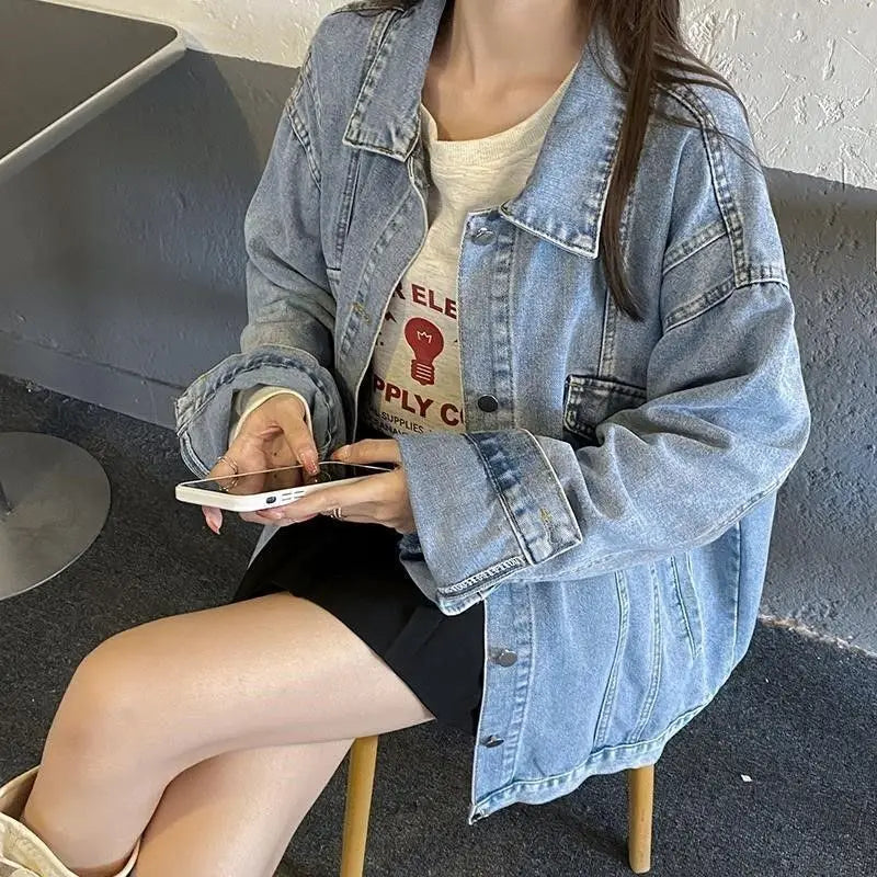 2025 Spring Autumn New Women Denim Jacket Boyfriend Loose Harajuku Design Unique Mid Length Casual All Match Outerwear
