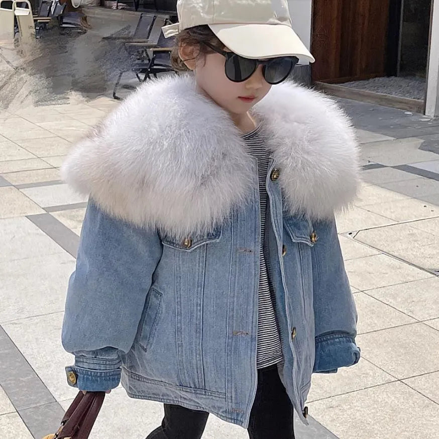 Winter New Children's Denim Parkas Nature Big For Fur Collar Design Thicker Warm Fur Coat Girls Down Jacket A3073