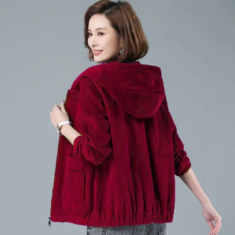 Corduroy Short Coat 5XL Women's 2025 Spring Autumn New Korean Loose Solid Hooded Jacket Fashion Casual Female Zipper Coat Tops