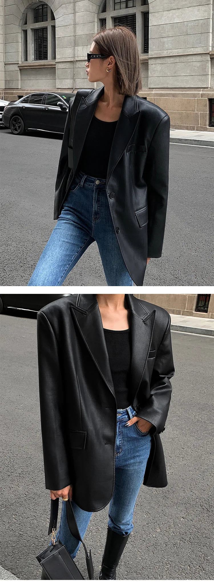 Women Black Brown Soft PU Leather Blazer Shoulder Pads Long Sleeve Single Breasted Loose Casual Jacket Tops Korean Fashion Coat