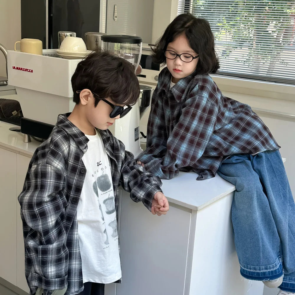 Children's Shirt 2024 Autumn Boys and Girls Korean Version Velvet Plaid Shirt Children's Casual Versatile Loose Long Sleeve Top