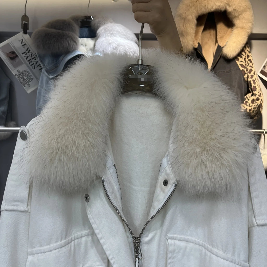 Fox Fur Denim Jacket for Women Fleece-Lined and Thickened Winter 2025 New Korean Style Loose Fit Batwing Sleeve Cotton Coat